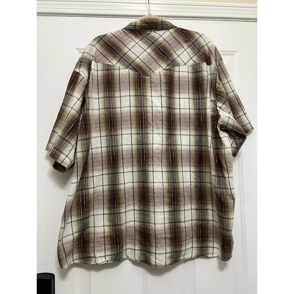 VTG Rustler Wrangler‎ Mens 3XL Plaid Short Sleeve Western Pearl Snap Shirt Brown